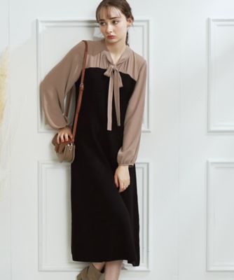 ＜COUTURE BROOCH (Women)＞【オフィスコーデにも】ボウタイドッキングニットワンピース（２００２２０４０５９）