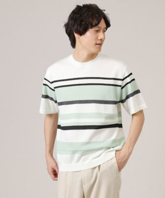 ＜TAKEO KIKUCHI (Men)＞【ニットＴシャツ】麻ブレンド　パネルボーダー（２００２２３３３６０）