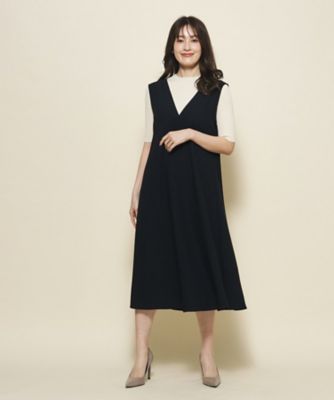 洗える／5分袖ニット＋ジャンスカのセット】Vネックと