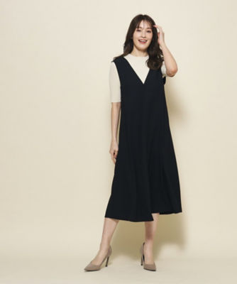洗える／5分袖ニット＋ジャンスカのセット】Vネックとシルエットが