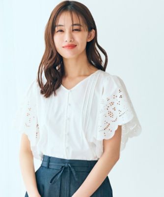 ＜GROVE (Women)＞スカラップ刺繍フレアースリーブブラウス（２００２２６３０７１）