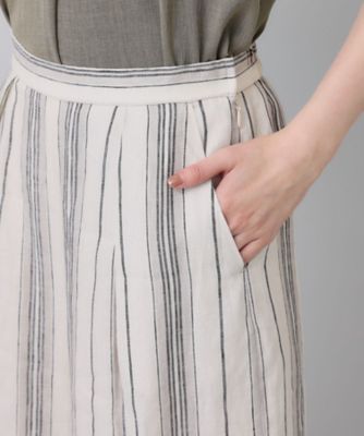麻100／後ろウエストゴム】ストライプ柄リネンワイドパンツ