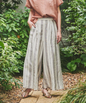 麻100／後ろウエストゴム】ストライプ柄リネンワイドパンツ