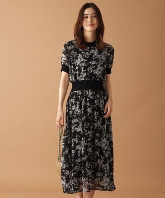 ドレステリア　フラワー　プリント　ハーフスリーブ　ワンピース 36 ブラック EC・博多店限定 フラワープリントハーフスリーブワンピース