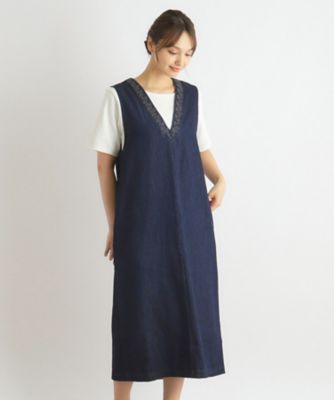 ＜LAURA ASHLEY＞【ライン刺繍入り】Ｖネック　デニムジャンスカ（２００２３１９７１４）