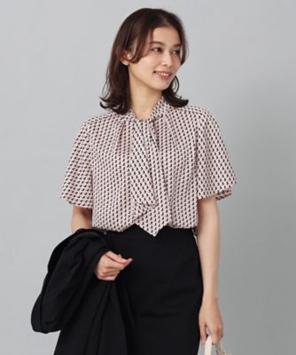 追加／半袖／通勤】幾何学柄 ボウタイブラウス（2002320668