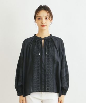 【インドコットン／インド生産】ライン刺繍ギャザーブラウス（２００２３３６９８４）