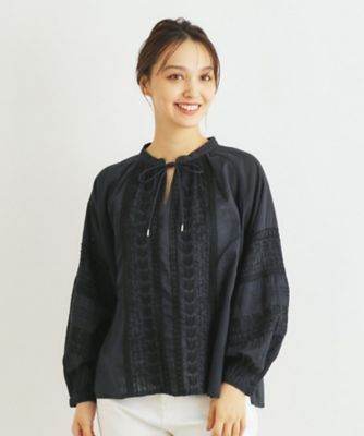 【インドコットン／インド生産】ライン刺繍ギャザーブラウス（２００２３３６９８４）