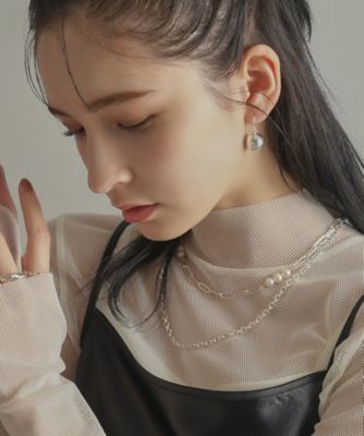 シルバー フラットケーブルチェーン 淡水パールステーションネックレス
