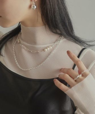 フラットスクエアパールネックレス　パールステーションネックレス　スティックパール シルバー フラットケーブルチェーン 淡水パールステーションネックレス