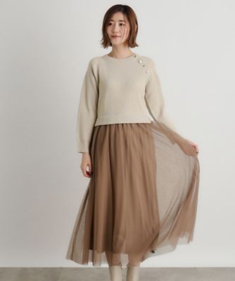 01 チュール被布 金ボタン付き片畦チュールドッキングワンピース