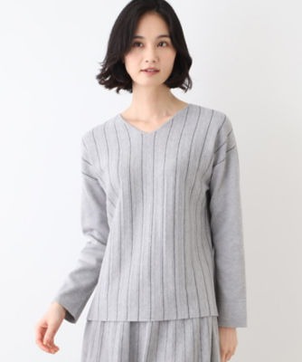 ＜INDIVI L (Women/大きいサイズ)＞【洗える／ＳＥＴＵＰ可能】Ｖネックストライプ柄ニットプルオーバー（２００２３７５４６１）