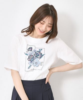 ＜CORDIER (Women)＞【Ｍ～４Ｌサイズ】パッチワーク＆刺繍　フラワーモチーフＴシャツ（２００２３７６３５６）
