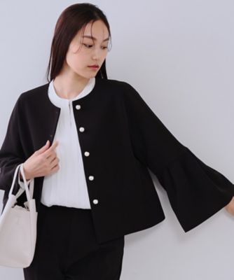 Drawer フレア　パフスリーブ　ジャケット　38ブラック オータムセール特別価格】 レディース 大人 上品 輝くパールの