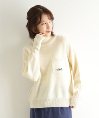 ＜LAURA ASHLEY＞【ウール混／ブランブルロゴ／４ｃｏｌｏｒｓ】ポケット付き刺繍ニット（２００２３７８００４）