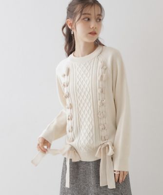 Lumignon original ケーブルニットリボンフレアドレス ベージュ Lumignon original ケーブルニットリボンフレアドレス ベージュ 可愛く