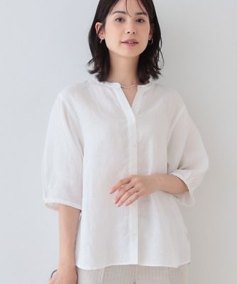 INDIVI L (Women/大きいサイズ)/インディヴィＬ 【毎年人気！／フレンチリネン】５分袖バンドカラーブラウス（２００２３９７９８２）