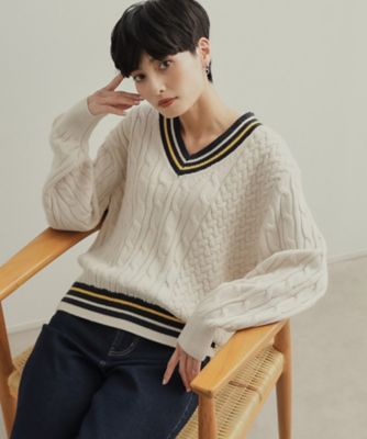 ＜OPAQUE.CLIP (Women)＞配色ラインチルデンＶネックニット【洗濯機洗い可】（２００２４０４５９４）