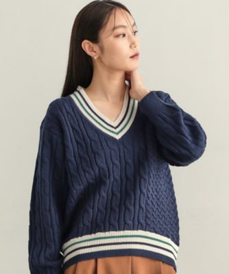 【SALE】OPAQUE.CLIP (Women)/オペークドットクリップ 配色ラインチルデンVネックニット(2002404594) アオ094 トップス【三越伊勢丹/公式】