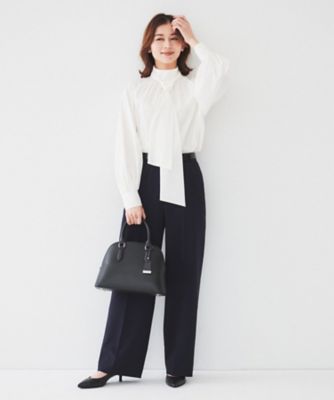 通勤】ボウタイ付スタンドネック ボリュームブラウス