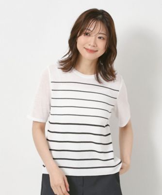 ＜CORDIER (Women)＞【Ｍ～４Ｌサイズ／麻混／洗える】シャインリノ　ボーダープルオーバーニット（２００２４０６７５１）