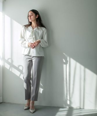 ストレッチラッフルボウタイブラウス【洗濯機洗い可／防シワ