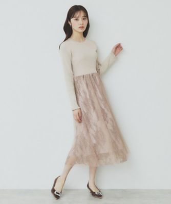 チュールレーススカートドッキングワンピース【洗濯機洗い可