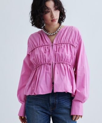 美品♡ ハグオーワー ローンワッシャースタンドギャザーブラウス♡ピンク系 ☆新品・タグ付き☆ ハグオーワー ローンワッシャースタンド