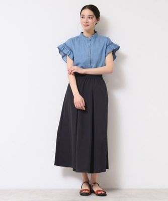 【洗える】ギャザーフリル綿麻デニムブラウス 洗える】ギャザーフリル綿麻デニムブラウス（シャツ・ブラウス