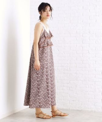 S/ 茶系反物/紅花染め花刺し子/ワンピ＆パンツL〜3L 小花柄フリルキャミワンピース【洗える】（2002431176
