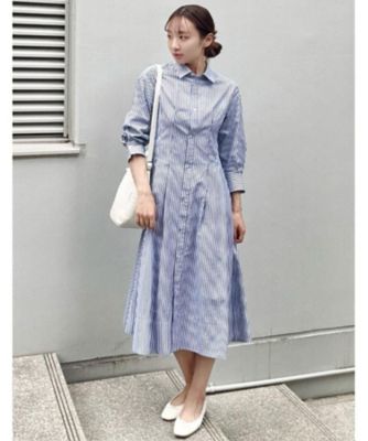 7分袖／洗える】ストライプウエストシェイプシャツワンピ