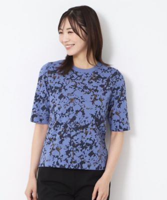 PAULE KA ポールカ　フリルのついた素敵なアンサンブル　青　ブルー　S アンサンブル】華やか幾何柄プリントニットプルオーバー
