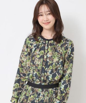 CORDIER コルディア ポタニカルプリント チュニック 裾ボーダー入り CORDIER コルディア ポタニカルプリント チュニック 裾ボーダー