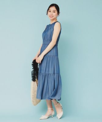 シャンブレーティアードフレアロングワンピース【洗濯機洗い可／接触冷感】（２００２４４３６８５）