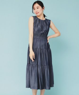 シャンブレーティアードフレアロングワンピース【洗濯機洗い可／接触冷感】（２００２４４３６８５）
