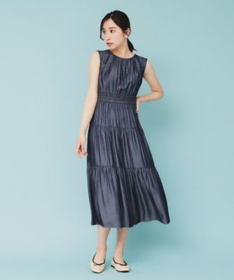 シャンブレーティアードフレアロングワンピース【洗濯機洗い可／接触冷感】（２００２４４３６８５）