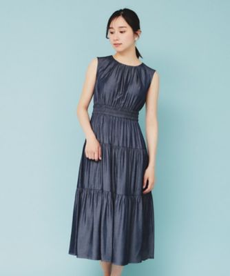 シャンブレーティアードフレアロングワンピース【洗濯機洗い可／接触冷感】（２００２４４３６８５）