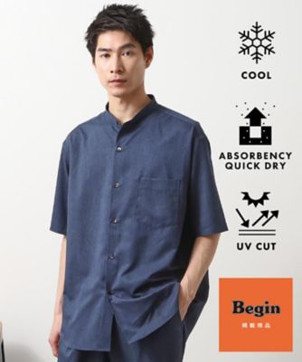 【Ｂｅｇｉｎ７月号掲載】クールファイバーバンドカラー半袖シャツ　接触冷感／吸水速乾／ＵＶケア／軽量／セットアップ可（２００２４６２３４８）