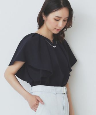 7色展開／S－LLサイズ》フリルタックスリーブキーネック