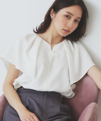 ＜index (Women)＞《７色展開／Ｓ－ＬＬサイズ》フリルタックスリーブキーネックブラウス【吸水速乾／洗濯機可／イージーアイロン／抗ピル】（２００２４６３７１９）