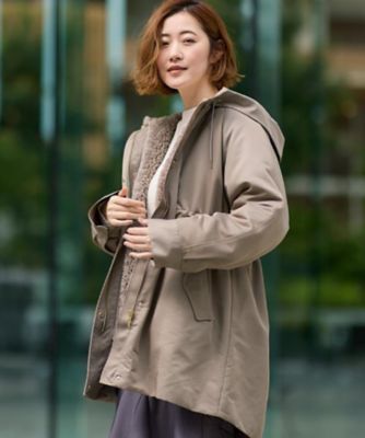 美品　MHL. ライナー付きモッズコート　フード付　カーキ　ライナー黒　3way 名品アウター／3WAY・はっ水】ボアライナー付きモッズコート