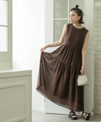 麻混シアーギャザーティアードワンピース【洗濯機洗い可