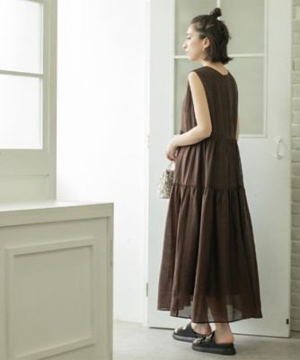 麻混シアーギャザーティアードワンピース【洗濯機洗い可