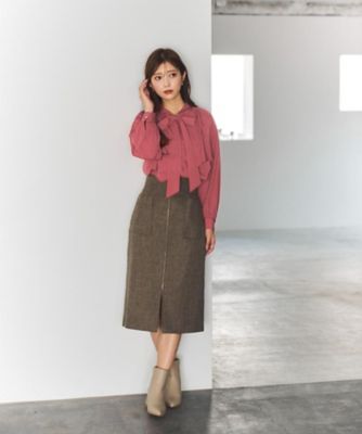 ツイード調フロントジップタイトスカート【洗濯機OK／防シワ