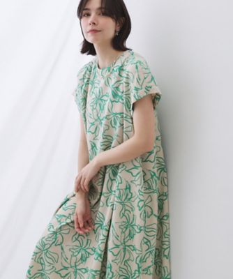 【2回着美品】bulle de savon☆麻混チューリッププリントワンピース SS】WOMEN ドライフラワープリント ワンピース スカイブルー