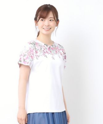＜LAURA ASHLEY＞【接触冷感／コットン１００％】ローズモア柄　ラインＴシャツ（２００２５０７０６７）