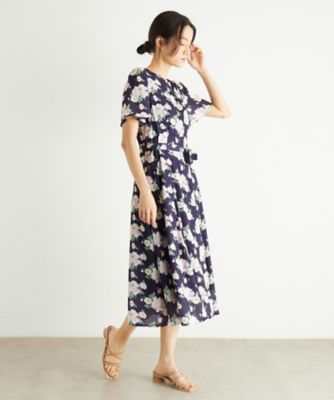 洗える！ローラアシュレイ　ローズドットフレアワンピース　シフォン切替　リボン　9 ウエストリボン付き】ナンテール柄 シフォンワンピース