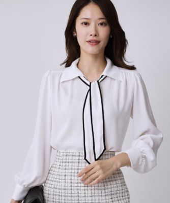 手洗い可／ボウタイ取外し可】配色パイピングボウブラウス