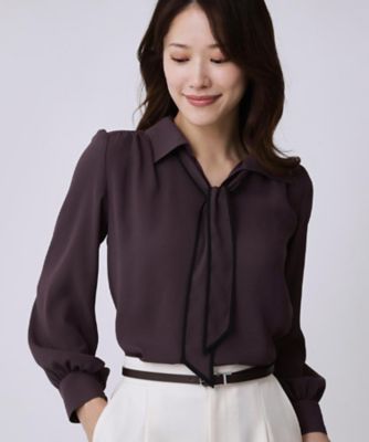 手洗い可／ボウタイ取外し可】配色パイピングボウブラウス