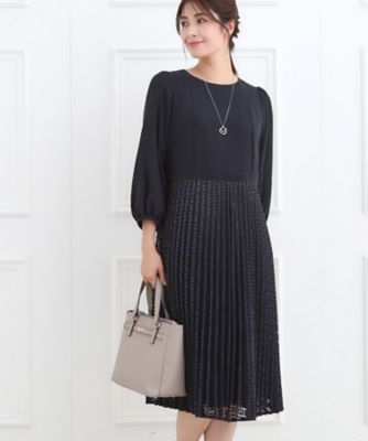 SS－4Lサイズ】シフォン×幾何柄レースプリーツワンピース